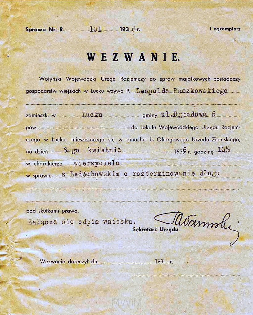 KKE 5953-7.jpg - Dok. Teczka Wierzytelności (spraw spornych) pomiędzy Leopoldem Kleofasem Paszkowskim a hrabią Augustem Ledóchowskim z Ostrożca, Równe, 26 XI 1935/29 VIII 1939 r.